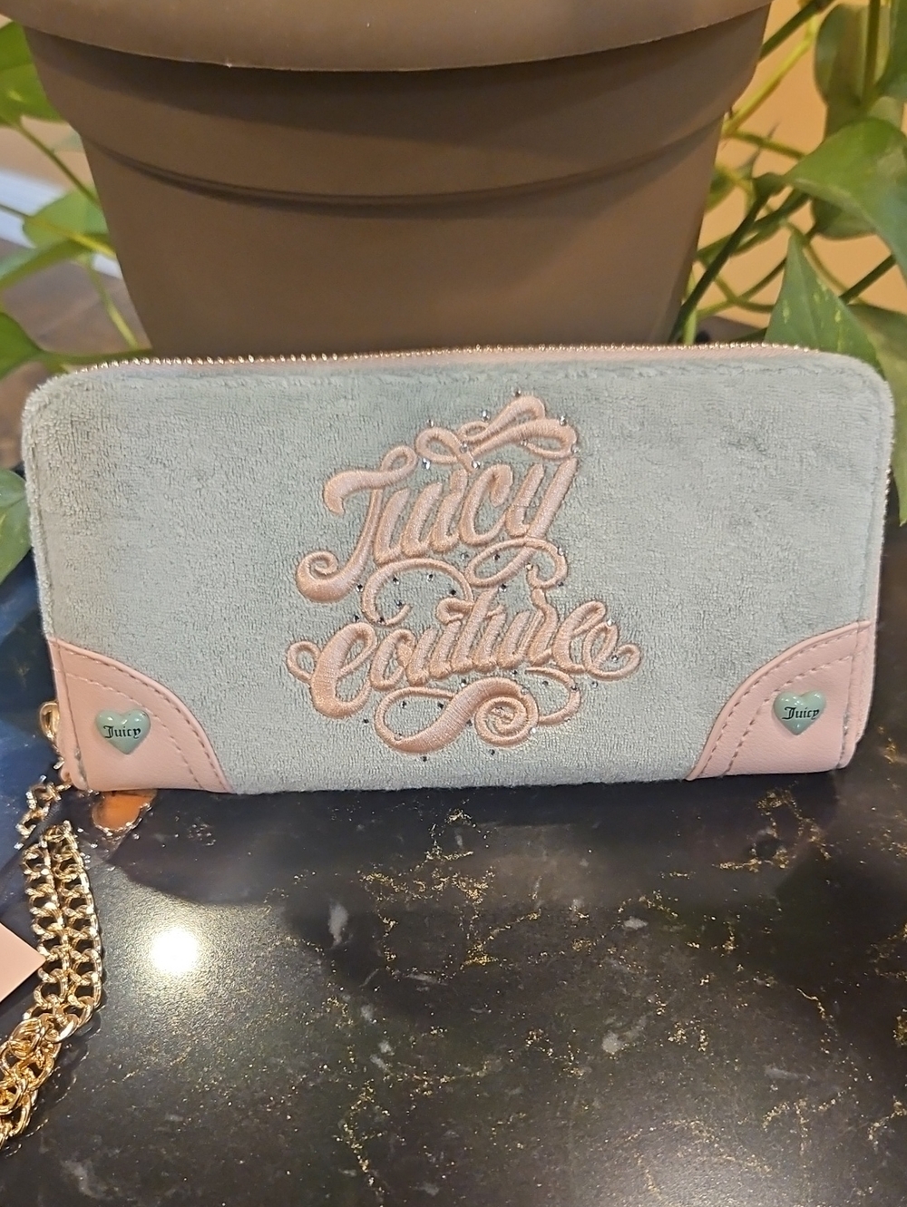 Juicy Couture Mint Blue Suede Wallet with Pink Accents